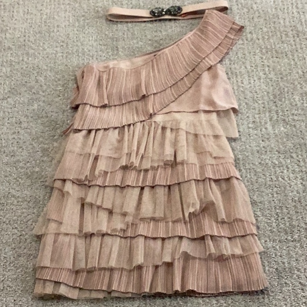 BCBGMaxAzria Blush Layered Ruffle Dress with Belt (Like New) - Picture 2 of 3